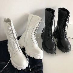 pantsparadises New Mid Calf Boots Women Autumn Winter Fashion Lace-up Ladies Chelsea Zipper Botas Mujer Boots Sports Platform Heel Ladies Shoes