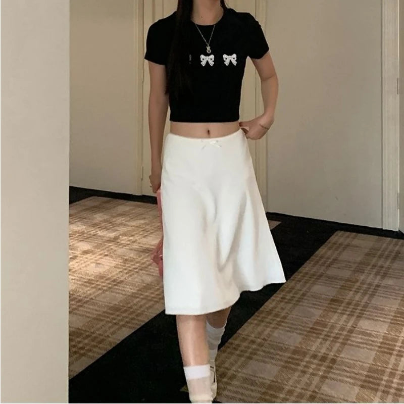 pantsparadises Elegant White Women Satin Skirt Fairycore Ruffle Mid Skirts Coquette A-line Basic Casual Korean Style Summer Silk Skirt