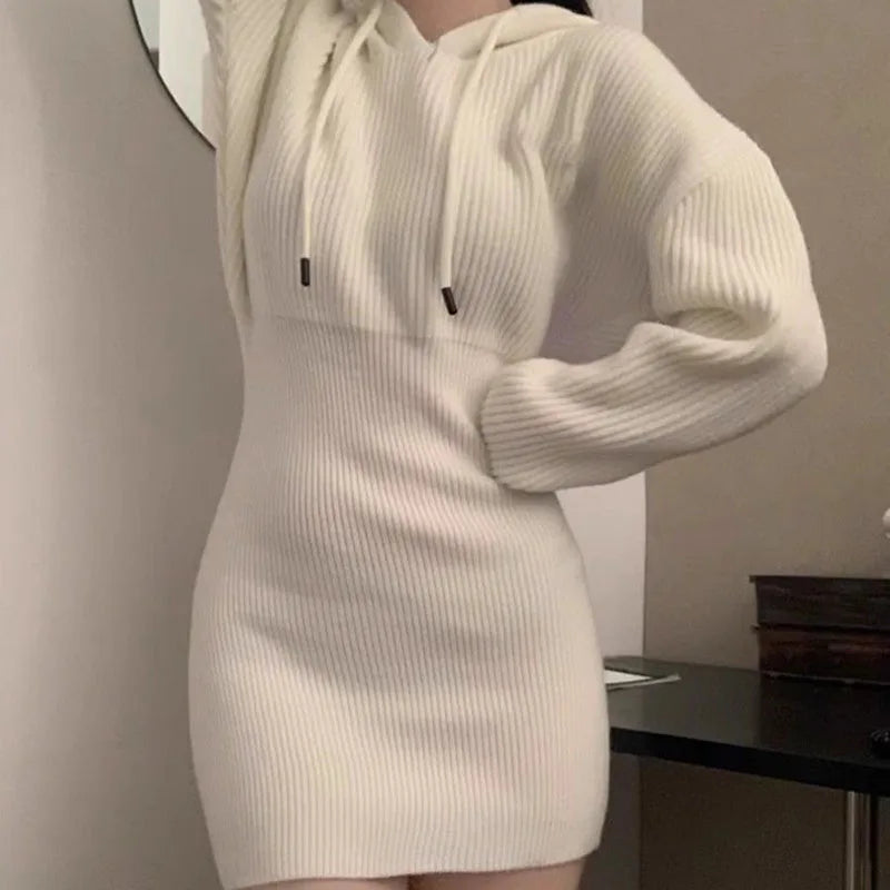 pantsparadises Sexy White Thicken Knit Mini Dress Woman Korean Elastic High Waist Bandage Dresses Women Hooded Outwear Long Sleeve Slim Dress