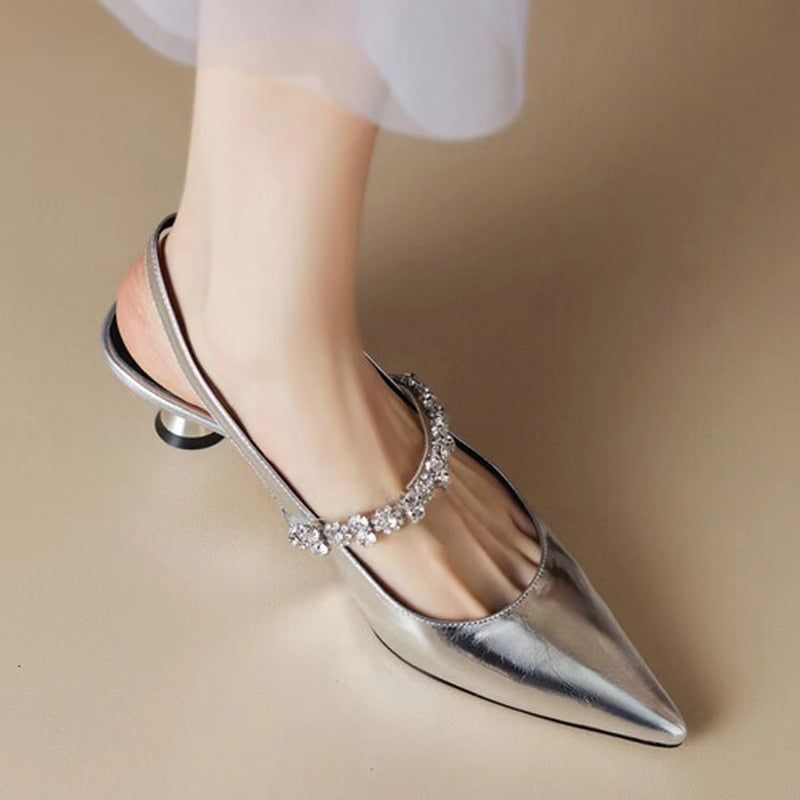 pantsparadises Gold Silver Low Heels Sandals Women Summer Shiny Crystal Straps Pointed Toe Sandals Woman Slingbacks Pumps Ladies Shoes