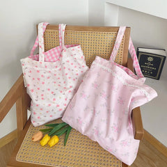 pantsparadises Pink Floral Canvas Shoulder Bag Handbag Korean Travel Beach Bag Double-sided Shopping Totes Bag Girl Lace Underarm Bag