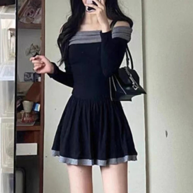 pantsparadises Christmas Dress Women y2k Clothes Contrast Color Cold Shoulder Long Sleeve A Line Mini Dress Evening Party Dresses