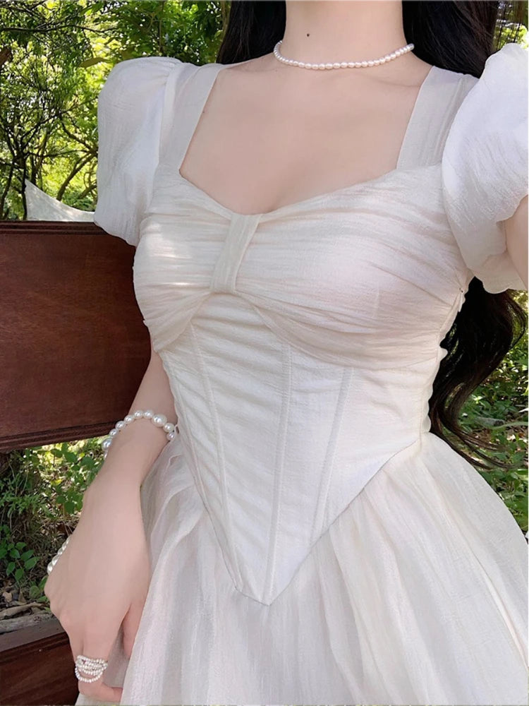 pantsparadises DRESS TO IMPRESS Elegant Korean Fairy Dress Women White Sweet Puff Sleeve Casual Dress Female Court Vintage Party Midi Dress 2024 Summer Fashion