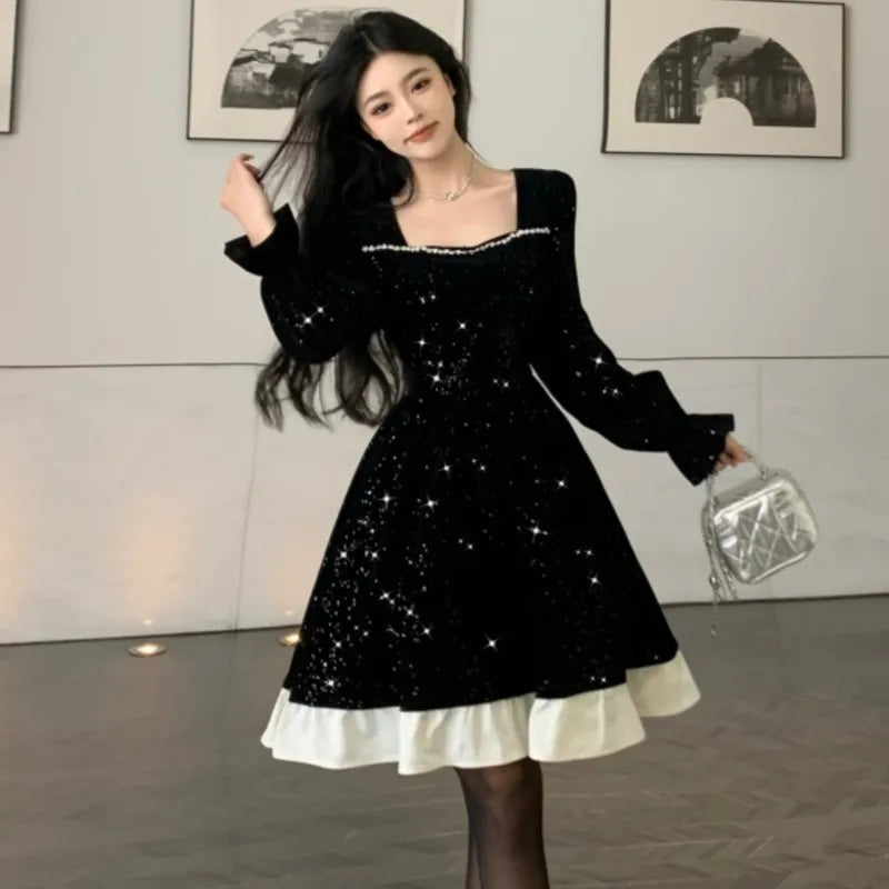 pantsparadises NEW YEAR DRESS TO IMPRESS Autumn Shiny Velvet Midi Dresses for Women Long Sleeve Square Collar Oversize Ruffles Patchwork Christmas Party Dress Vestidos