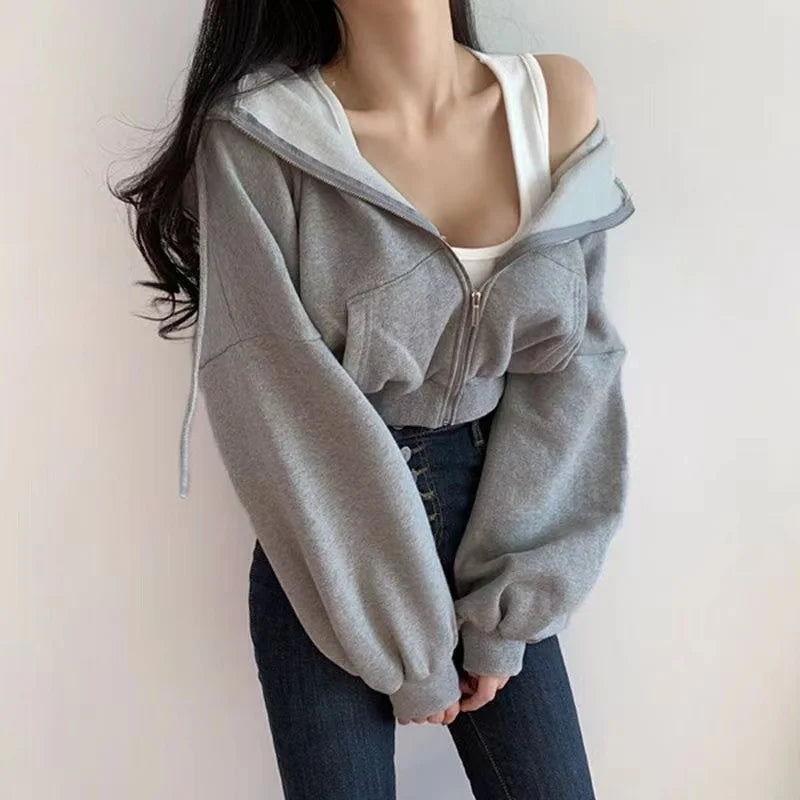 pantsparadises casual winter outfits Short hooded Sweatshirt Women Y2K Zip Up Hoodies Harajuku Long Sleeve Tops Oversized Crop Top Female Loose Jackets Coat