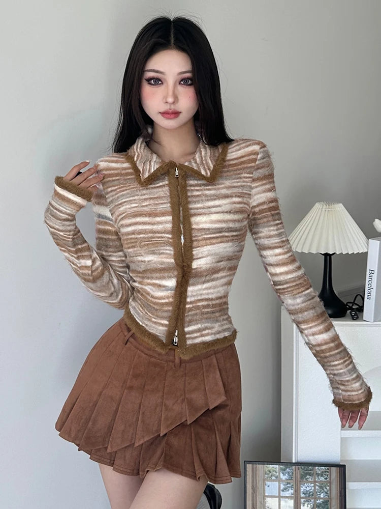 pantsparadises Striped Knit Sweater Cardigan Y2K High Street Women Autumn Turn-down Collar Zipper Sweaters Coat Female Casual Korean