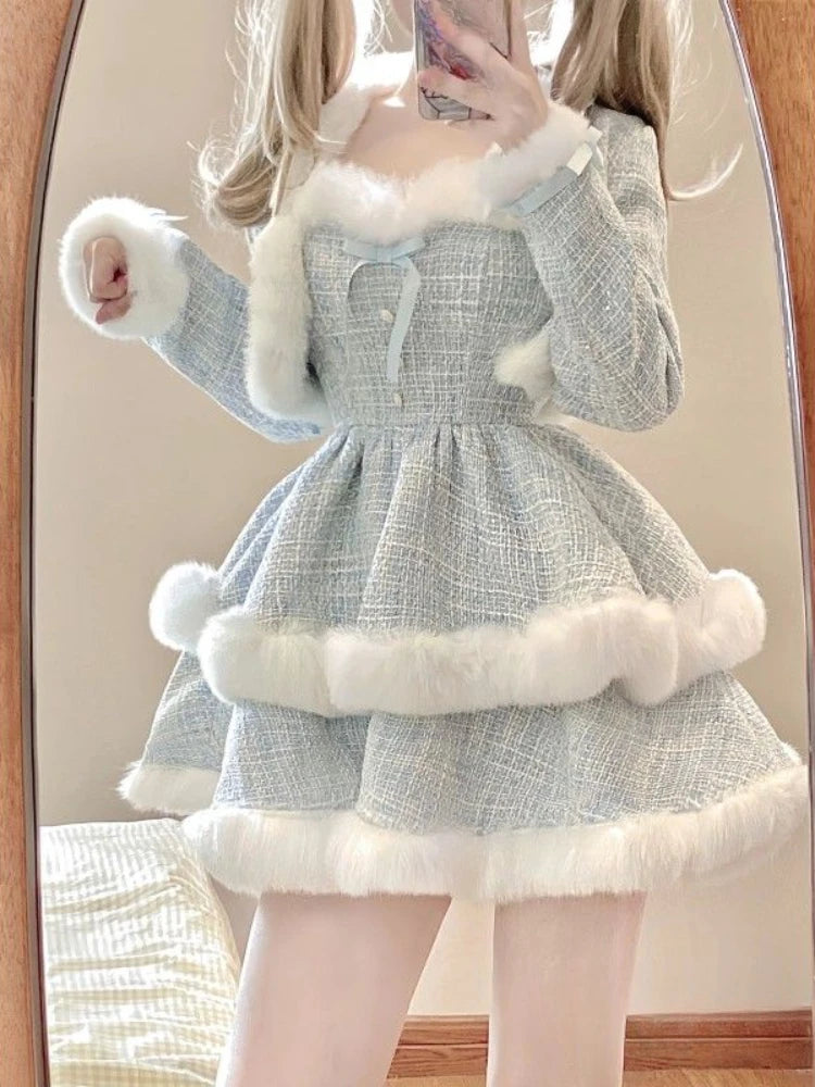 Winter Kawaii Lolita 2 Piece Dress Set Sweet Short Coat Warm + Cute Fashion Y2k Mini Dress Party Japanese Style Suit Woman