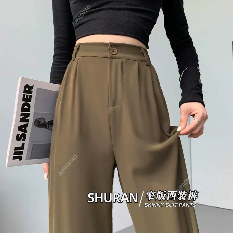 pantsparadises New Women’s Wide Leg Pants Women Korean Style High Waist Black Trouser Office Ladies Fashion Loose Grey Suit Trousers Streetwear