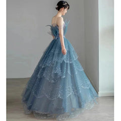 pantsparadises Blue Spaghetti Strap Evening Dress Luxury Tulle Applique Princess Cake   Gown Sexy Illusion Backless Long Quinceanera Dresses