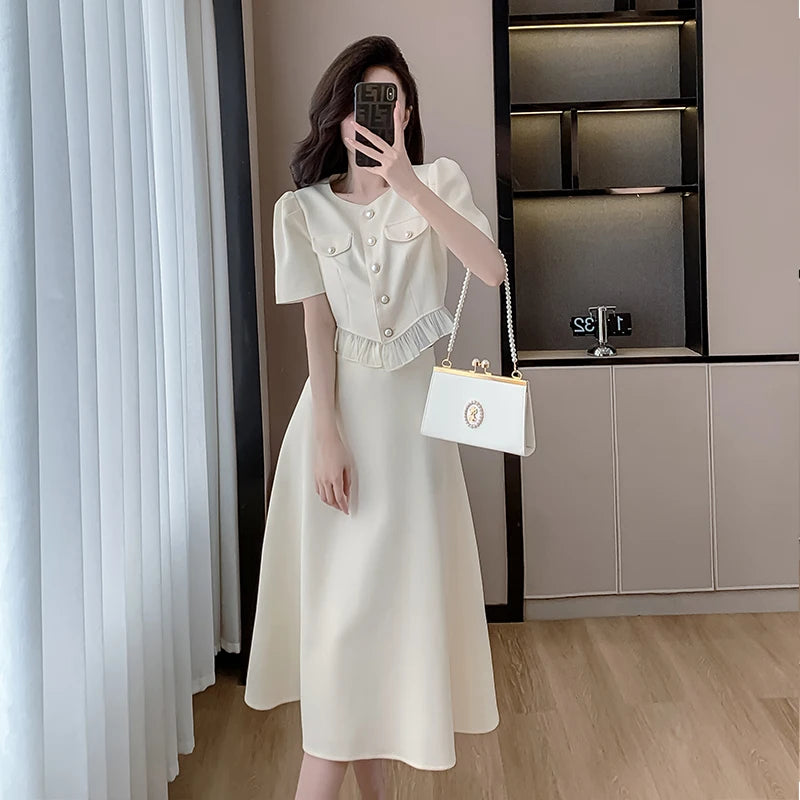 pantsparadises French Vintage Solid Womens Midi Dress Short Sleeve O-neck Elegant Slim Summer Fashion Office Ladies Two Piece Set Clothing