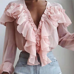 pantsparadises Spring Autumn Elegant Ruffles Women Shirts Top Casual V Neck Long Sleeve Loose Female Solid Chiffon Blouses For Women Blusa