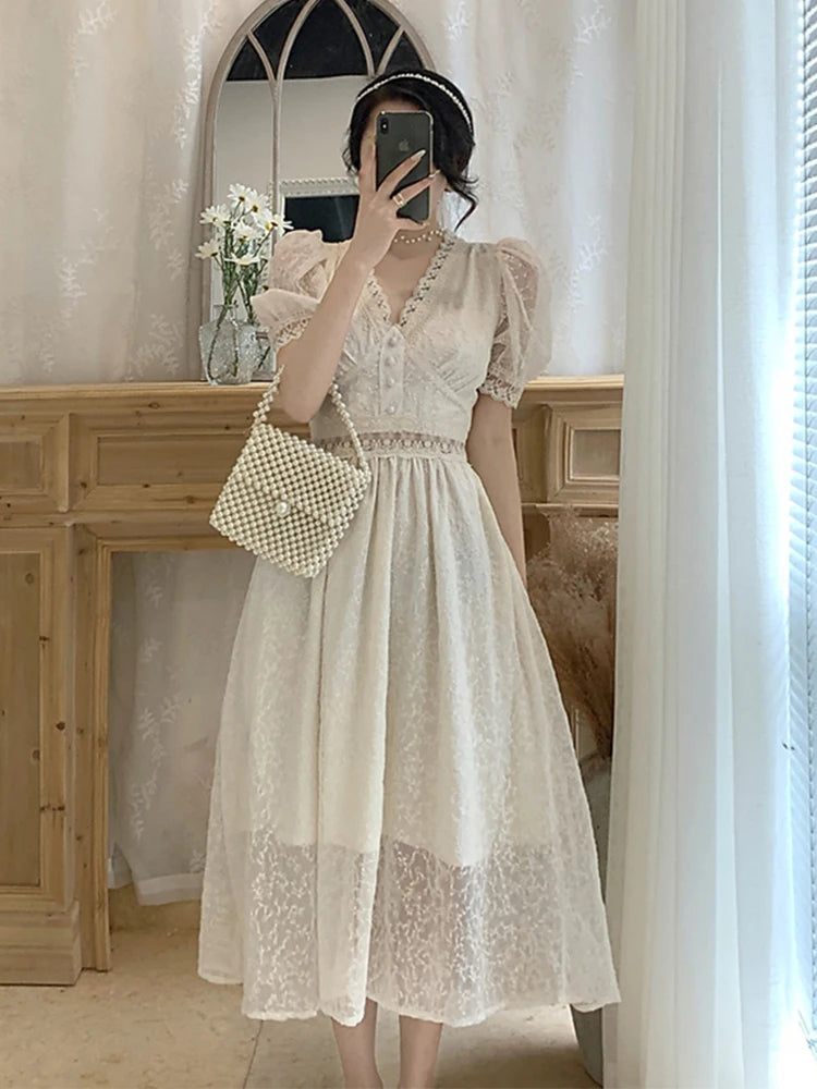 pantsparadises Summer Elegant Lace Fairy Dresses Women Embroidery Mesh Sweet Party Long Dress Female Elegant Korean Lolita Princess Dress