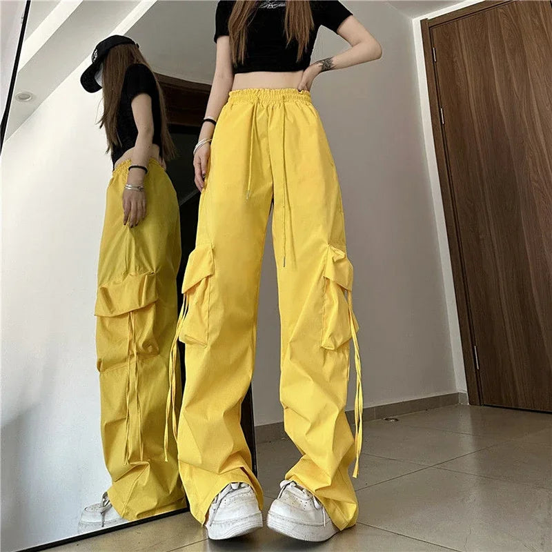 pantsparadises Hip Hop Cargo Pants Women Jazz Black Big Pockets Streetwear Trousers High Waisted Solid Fashion Harajuku Y2K Wide-Legged Pants