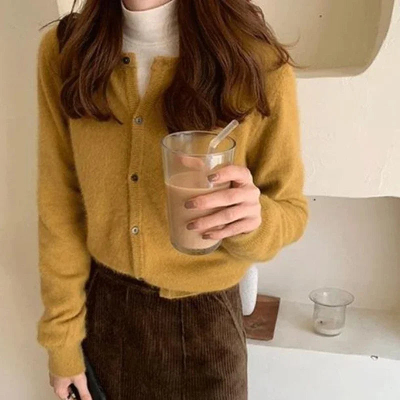 pantsparadises Cold Weather Outfits Fall Solid Color Knitted Cardigan Women Korean Single Breasted Long Sleeve Jumper Woman Round Neck All Match Sweater Outwear Top