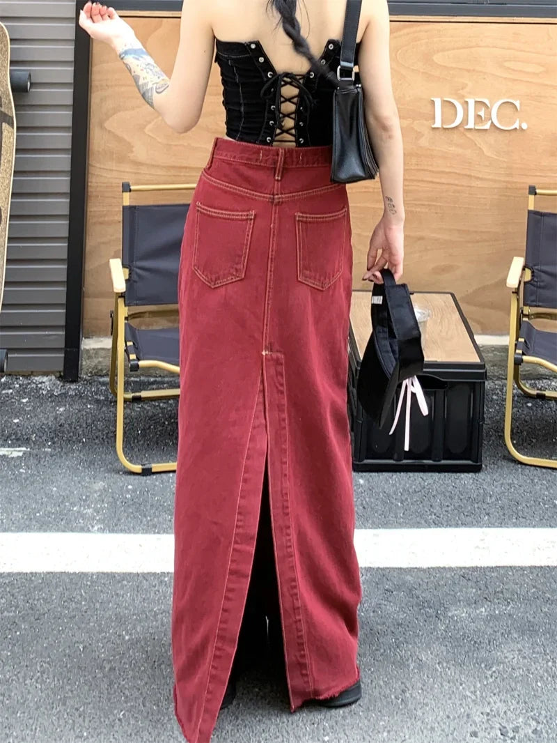 pantsparadises Women's Red Split Back Denim Skirt Summer Chic Design Street Style Solid Color Female Straight Floor Length Long Skirts