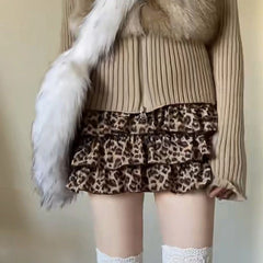 pantsparadises Leopard Print Sexy Mini Skirt Women Ruffle Y2k Vintage Harajuku Short Skirts Streetwear High Waist Layered Retro Skirt