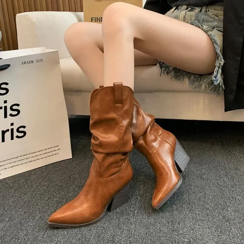 pantsparadises Female Western Boots Cowboy Boots Women Plested Women Ankle  Pu Leather Shoes Autumn Boots Women Booties Lady Plus Size 42