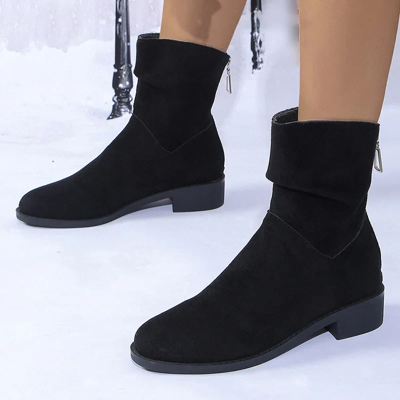 pantsparadises Autumn Womens Solid Pleated Ankle Boots Fashion Faux Suede Square Heel Boots Ladies Round Toe Back Zipper Office Shoes Boats