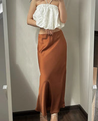 Silk Satin Skirts for Women 2024 Summer Casual Style A-line Solid Color Elastic High Waist Side Slit Champagne Skirt