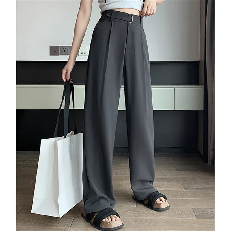 pantsparadises Summer Women's Casual Pants Wide Leg Pants Elegant Office Lady 2024 New Solid Color High Waist Loose Trousers Female