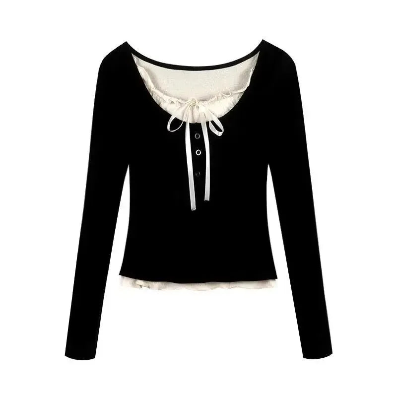 pantsparadises Korean Fashion Cropped Tshirt Women Long Sleeve Coquette Lace Streetwear Bow T-shirts Round Neck Tops Vintage Aesthetic