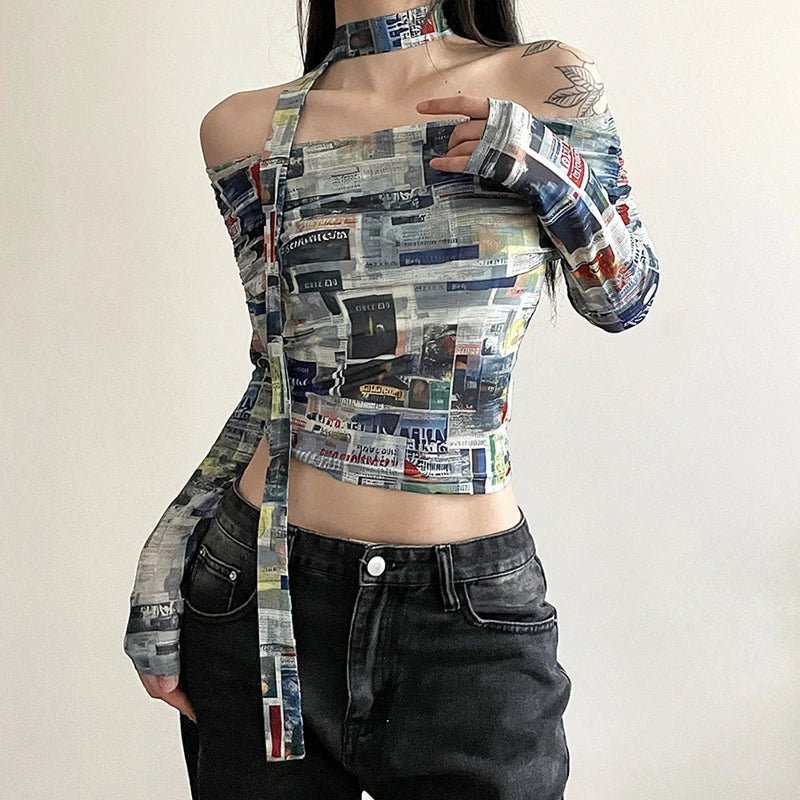 pantsparadises Y2K Coquette Mesh Printed Slash Neck Crop Tops 2000s Aesthetics Long Sleeve Slim T-Shirt Chic Streetwear Woman Clothing