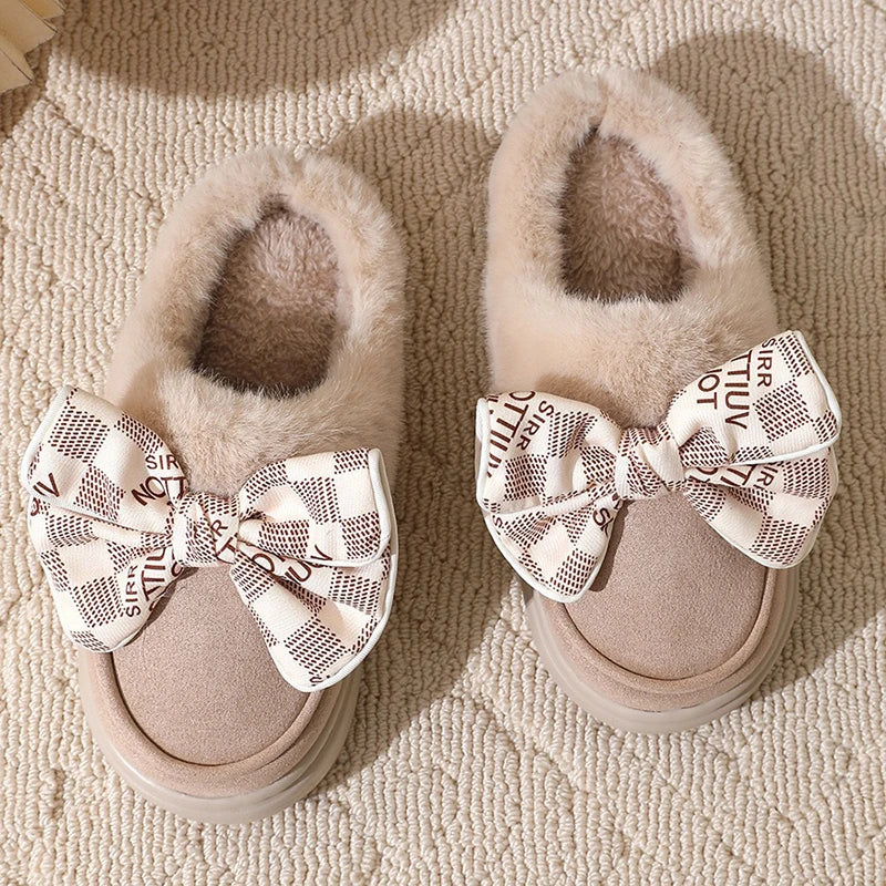 pantsparadises Women's Warm Home Slippers Cute Autumn Winter Bow Thick Plush Non-Slip Leisure Shoes Soft Bedroom Platform Flat Slides