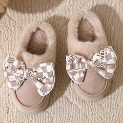 pantsparadises Women's Warm Home Slippers Cute Autumn Winter Bow Thick Plush Non-Slip Leisure Shoes Soft Bedroom Platform Flat Slides