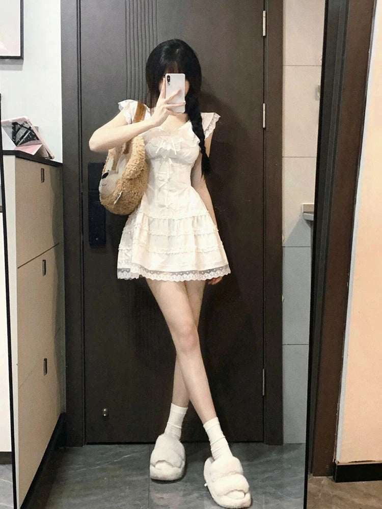 pantsparadises Y2k Coquette White Lolita Sweet White Kwaii Cute Mini Dress Women Lace Bow Princess Slip Lace Short Dresses 2024 Fashion