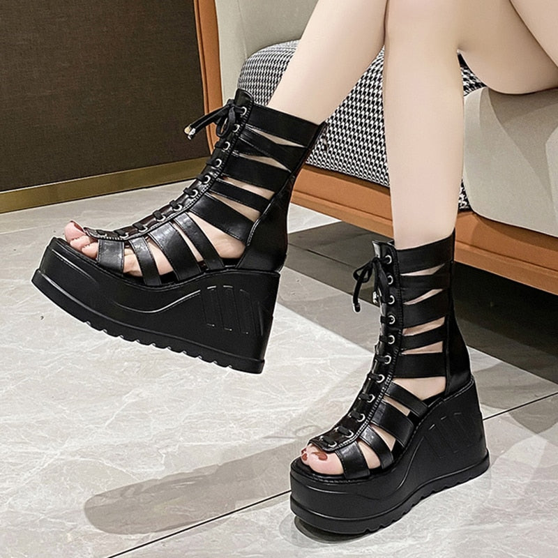 pantsparadises Gothic Chunky Platform Sandals Women Summer Punk Wedge High Heels Gladiator Shoes Woman Hollow Out Thick Bottom Sandalias