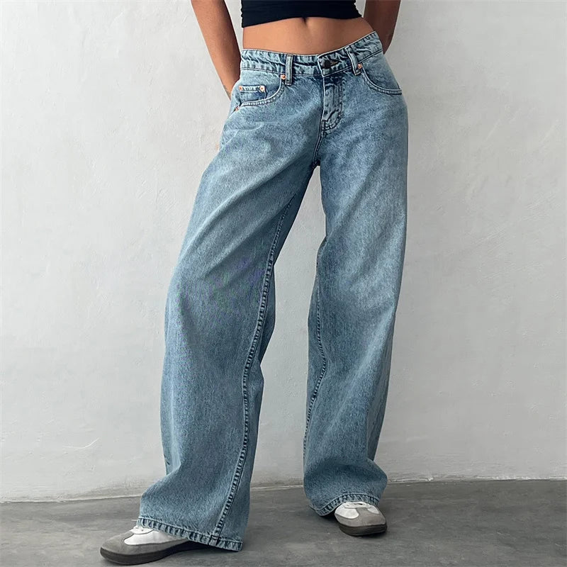 pantsparadises y2k Jeans Women Clothes Fashion Solid Color Low Waist Waist Wide Leg Denim Pants Trousers with Pockets 2000s Streetwear