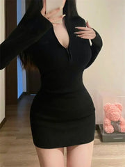 pantsparadises Long Sleeve Dresses for Women Black Sexy Club Bodycon Mini Dress Y2k High Waist Ladies Korean Short Dress Basic Autumn Winter