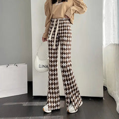 pantsparadises Green Plaid Ladies Bell Pants Checked Korean Flared Trousers for Women Vintage Flare Leggings Leg Slit Fluid Elasticity Sexy Hot