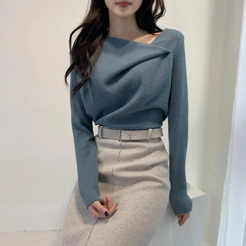 pantsparadises FALL OUTFITS Female Tops Pulovers Clothes Warm Tees Plain Blue Women's T Shirts Spring and Autumn Tshirts New Arrivals Polyester Old Alt