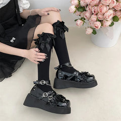 pantsparadises Y2K Metal Chains Punk Gothic Shoes Women Black Patent Leather Buckle Strap Wedges Pumps Woman Thick Platform Rivet Lolita Shoes