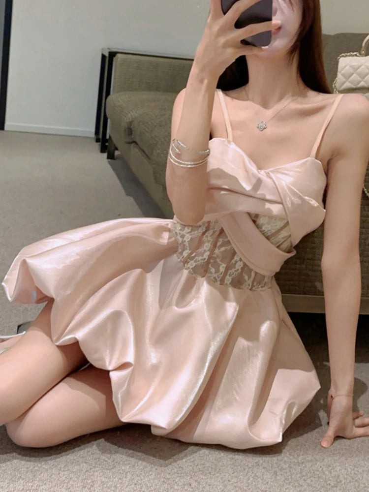 pantsparadises French Fashion Princess Elegant One Piece Dress Women Summer New Pink Slim Mini Dress Female Y2k Vintage Sleeveless Dress 2024