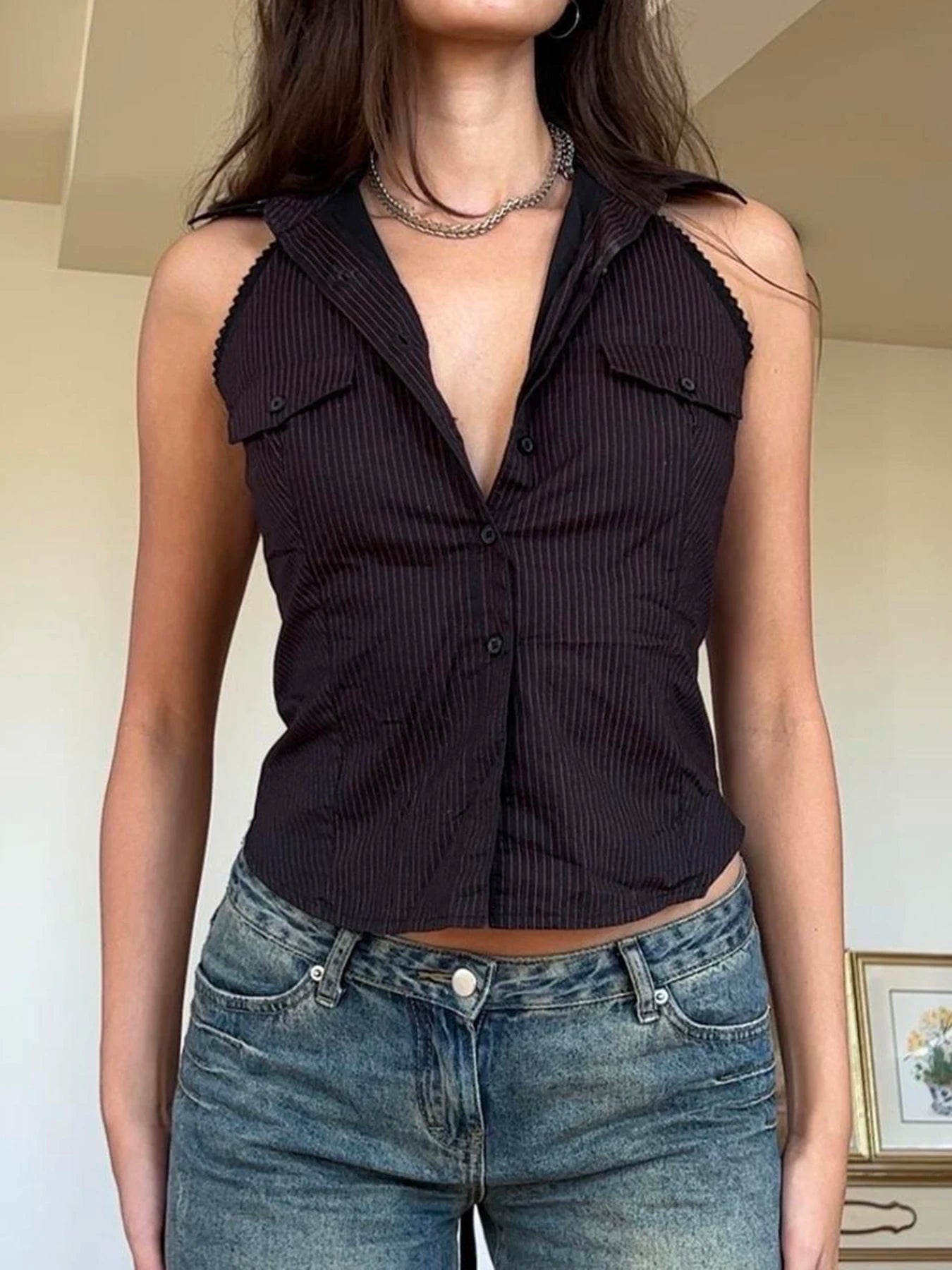 pantsparadises Elegant Fashion Striped Tank Tops Office Lady Casual Slim Turn-Down Collar Deep V-Neck Sleeveless Tops Women 2024 Summer