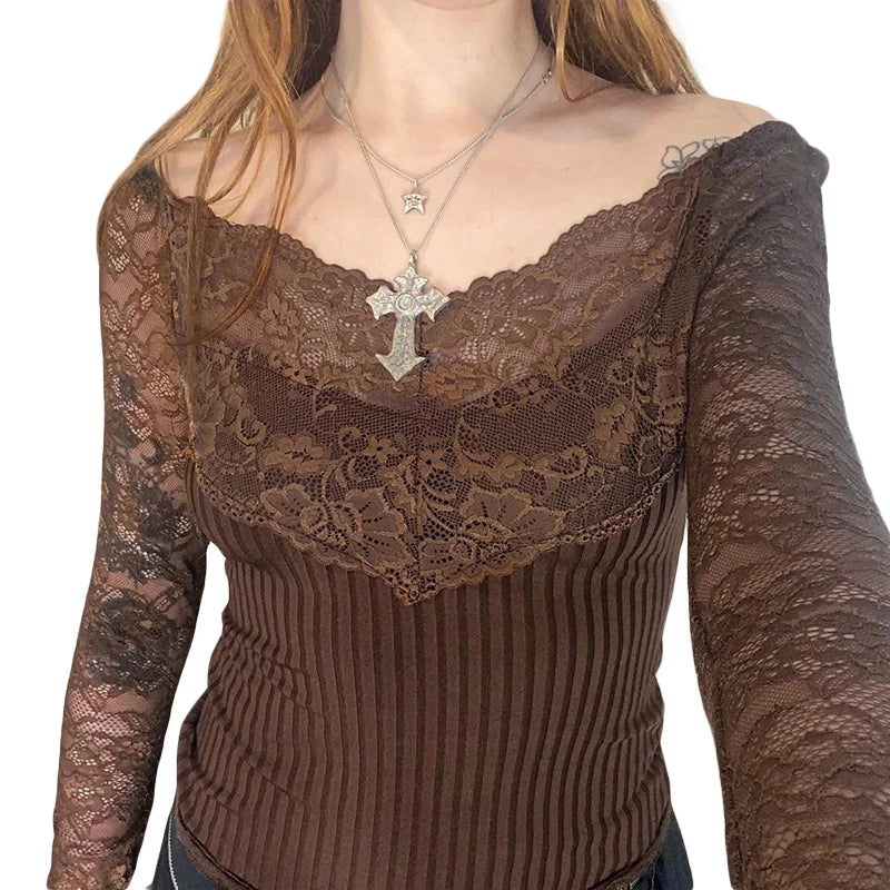 pantsparadises y2k Fairycore Tops Women Clothing Brown Lace Patchwork Long Sleeve Knitted T Shirts 2000s Aesthetic Clothes Streetwear