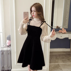 pantsparadises Spring New Elegant Two Piece Dress for Women Women Winter Korean A-Line O-Neck Tops and Black Sundress Streetwear Dress Vestidos