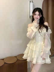 pantsparadises Summer Elegant Ruffles Fairy Dress Women Casual Sweet Lolita Party Dress Long Sleeve One Piece Dress Korean Female Fashion