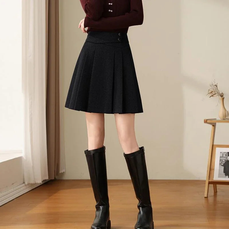 pantsparadises Preppy Style Pleated Wool Skirt Women Elegant Grey Sweet Mini Skirts Vintage Solid A-line Casual Autumn Short Skirts