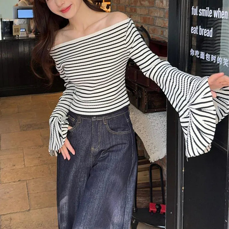 pantsparadises y2k Knit Top Women Clothes Elegant Striped Off Shoulder Flared Long Sleeve T Shirt 2000s Aesthetic Clothing Streetwear