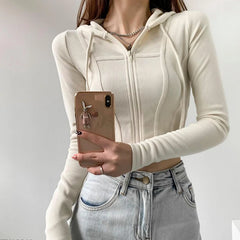 pantsparadises Thin Hooded Cardigan Women Korean Vintage Slim Summer Solid Sports Jacket Vertical Pit Stripe Zipper Female Sexy Cropped Tops