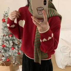 pantsparadises Christmas Sweaters Women y2k Clothes Heart Print Round Neck Long Sleeve Knitted Pullover Tops 2000s Aesthetic Clothing