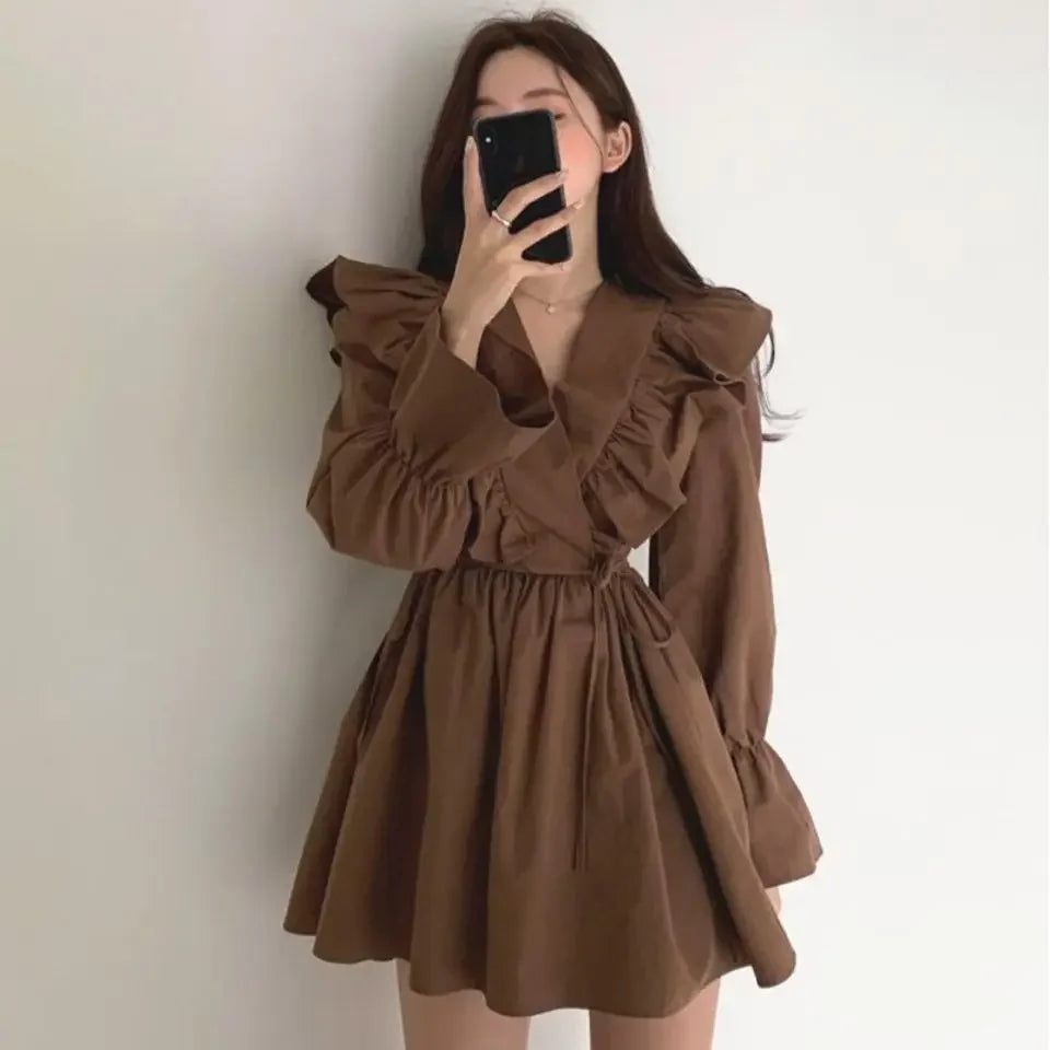 pantsparadises Dresses for Women Spring Short Mini Clothes Ruffle Woman Dress Long Sleeve Outfits Summer Cheap Casual Retro