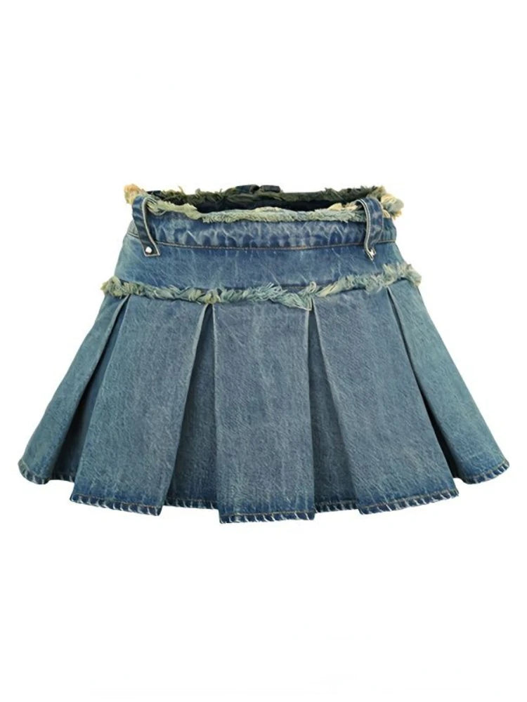 Streetwear Pleated Skirt Denim Women Sexy Y2k Mini Skirt Summer Chic High Waist Korean Fashion Slim Aesthetic Harajuku