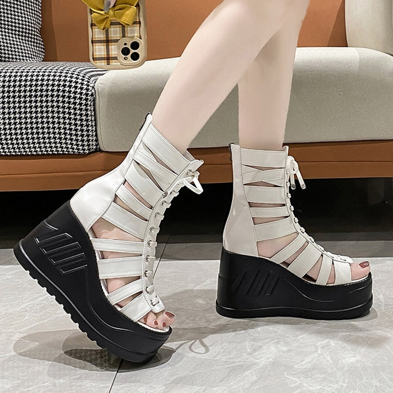 pantsparadises Gothic Chunky Platform Sandals Women Summer Punk Wedge High Heels Gladiator Shoes Woman Hollow Out Thick Bottom Sandalias