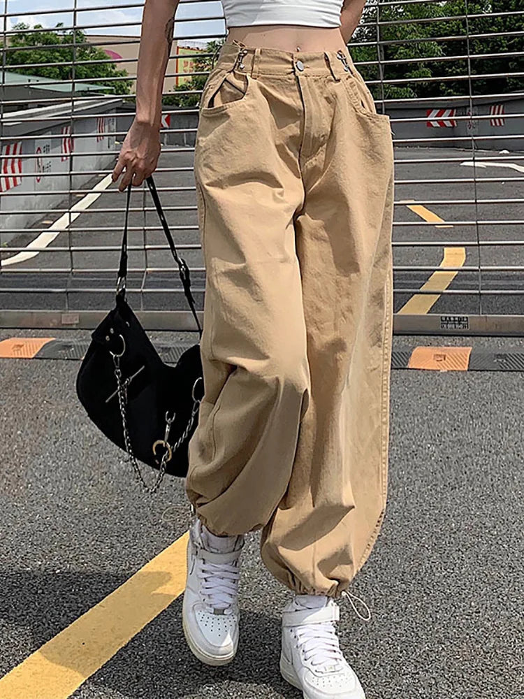 pantsparadises Y2K Fashion Khaki Oversized Cargo Pants Hip Hop Style Loosed Adjustable Waist Drawstring Long Pant Streetwear 90s Autumn