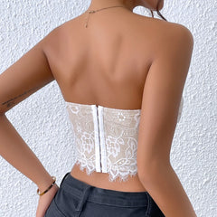 pantsparadises Sexy Lace Sleeveless Bare Shoulder Crop Top,Embroidery Floral Tube Top, Strapless Fishbone Corset Backless Camisole Vest