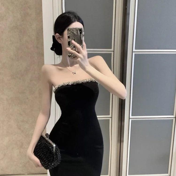 pantsparadises Off Shoulder Diamond Strapless Dress for Women Sexy Slim Waist Black Bodycon Dresses 2025 Summer New Vestidos De Mujer